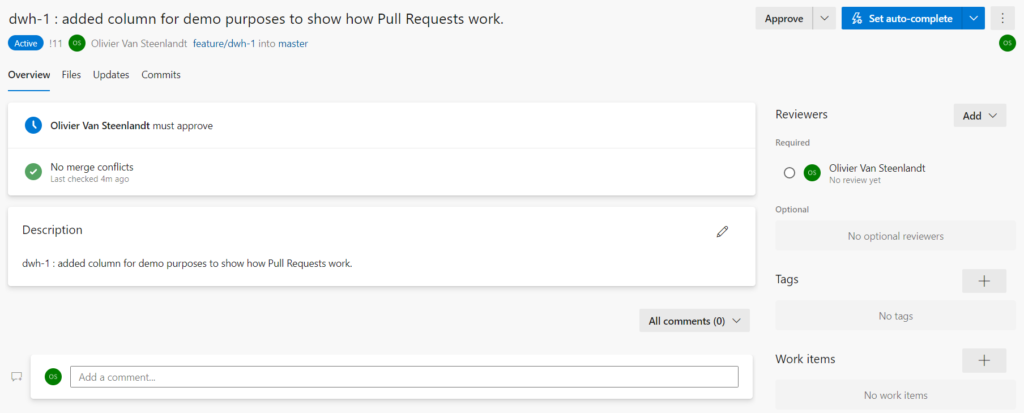 Result after creation a pull request