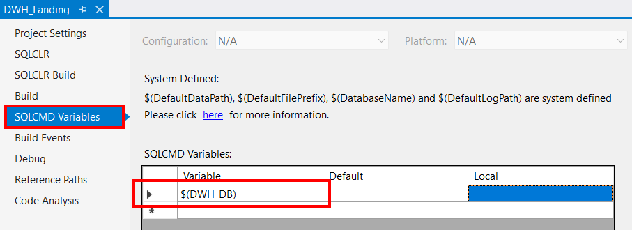 Visual Studio Database Project SQLCMD Variables Window