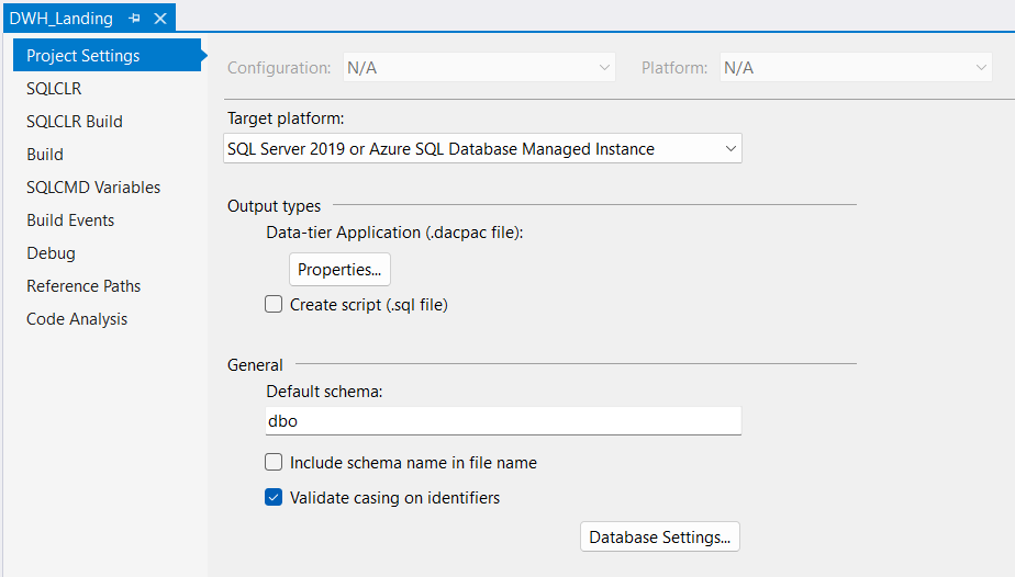 Visual Studio Database Project Settings Window